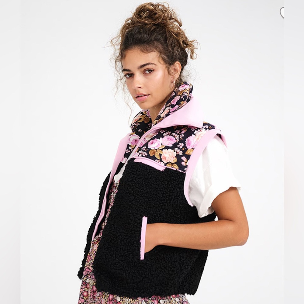 For Love and Lemons Pink Black Floral Puffer Vest - Picture 2 of 5